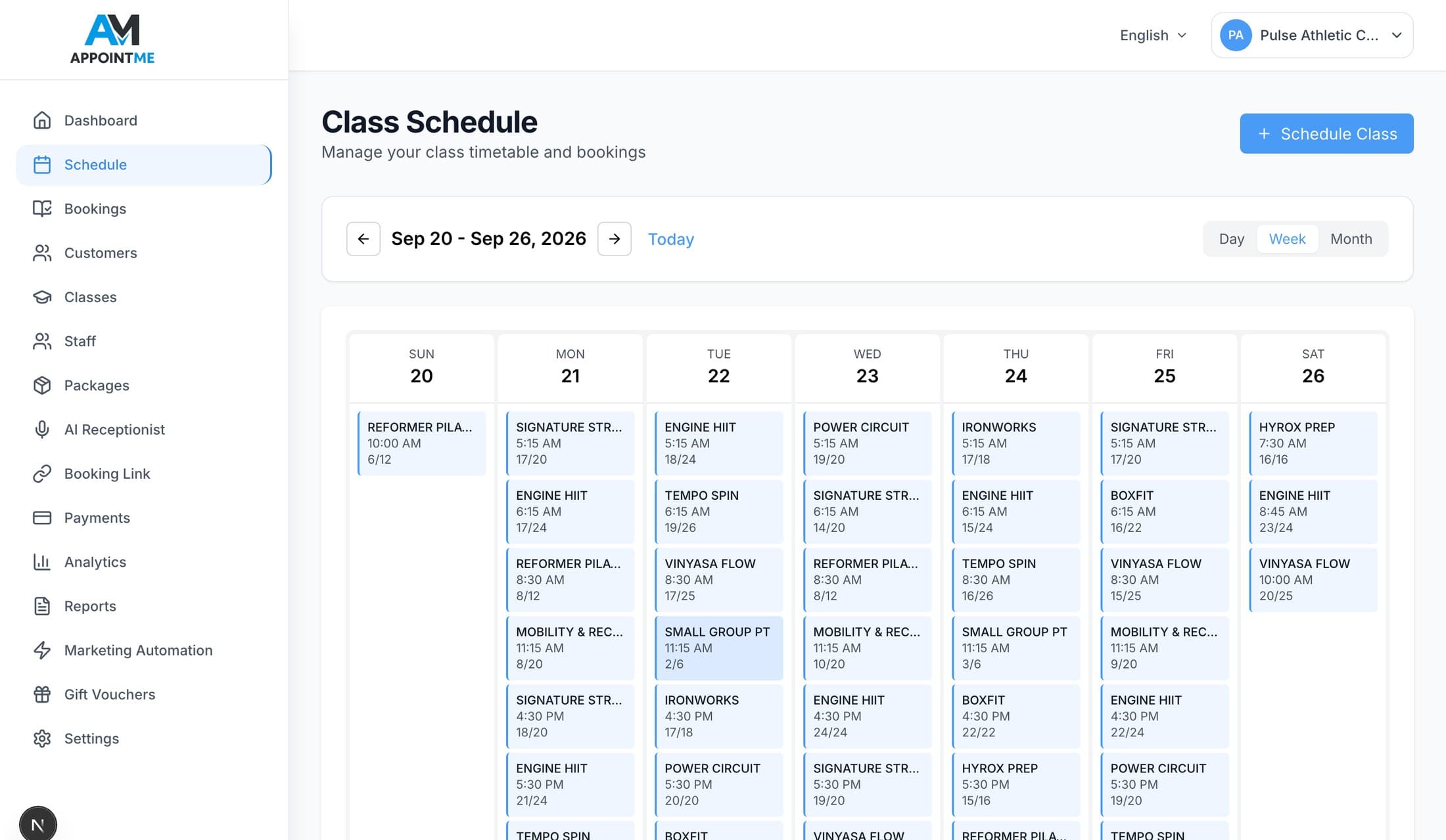 The class timetable for a week in the AppointMe dashboard